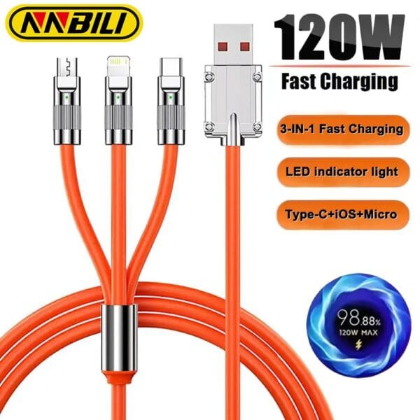120W 6A 3-in-1 Fast Charging Cable – Type-C / Micro USB / Lightning