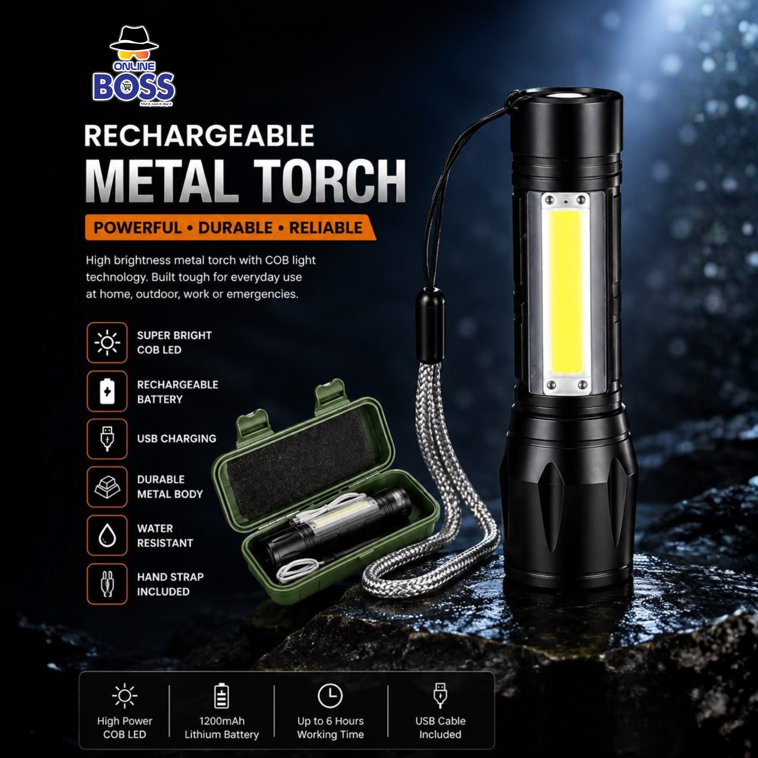 metal Metal & Plastic Rechargeable Mini Torch with Carrying Case - Image 1